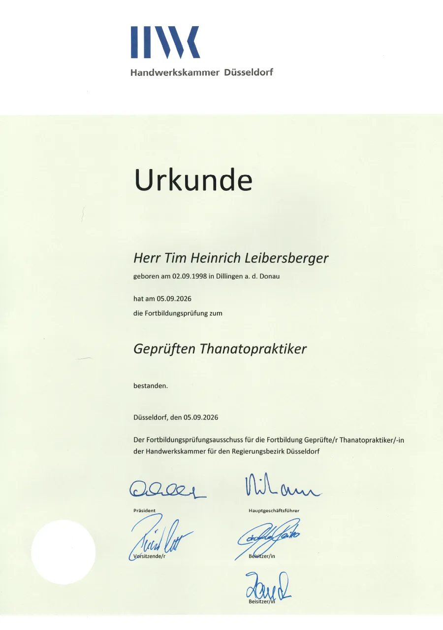 Urkunde – Geprüfter Thanatopraktiker – Tim Leibersberger